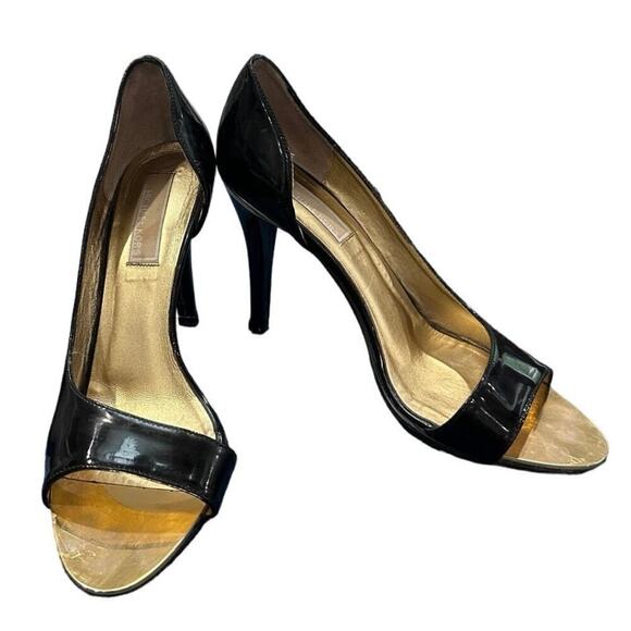 Vintage Michael Kors Black Patent Leather &Gold Open Toe Heels Made in Italy EUC - Picture 1 of 6